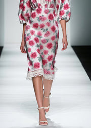Women Pink Floral Patchwork Lace Silk Mid Dress Summer