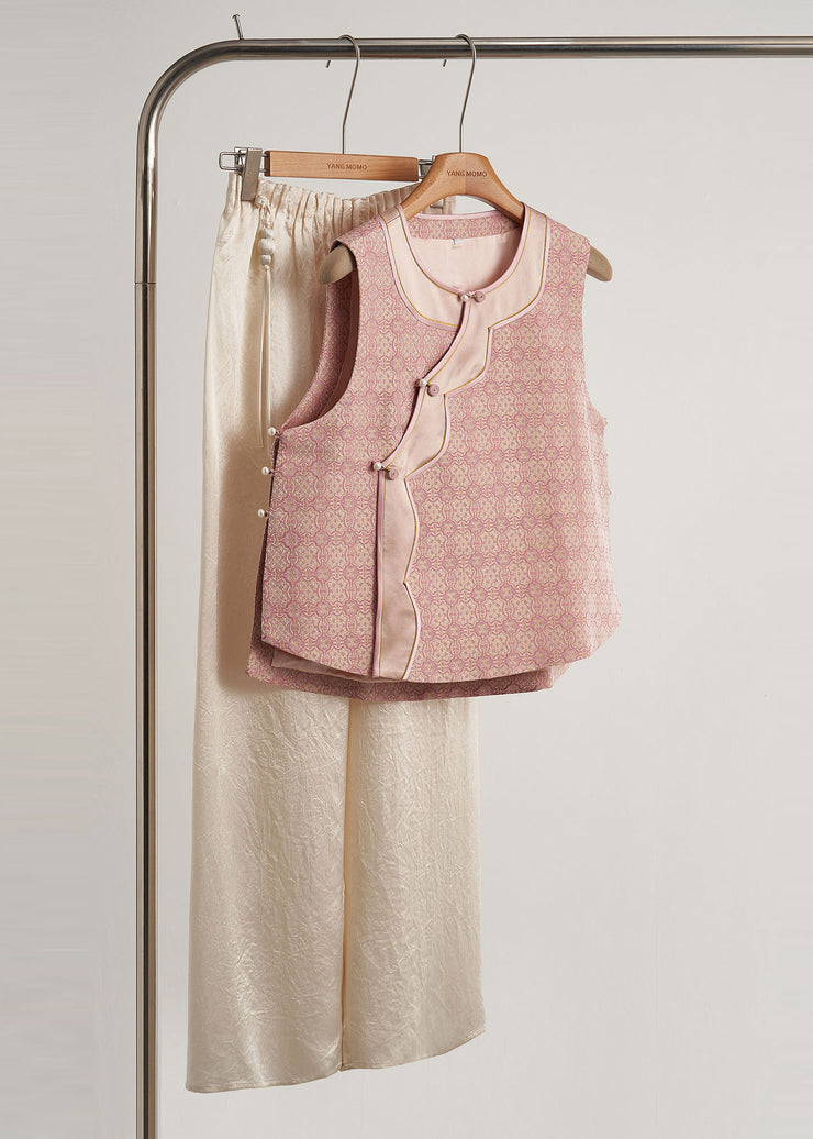 Women Pink Jacquard Patchwork Silk Oriental Vests Fall