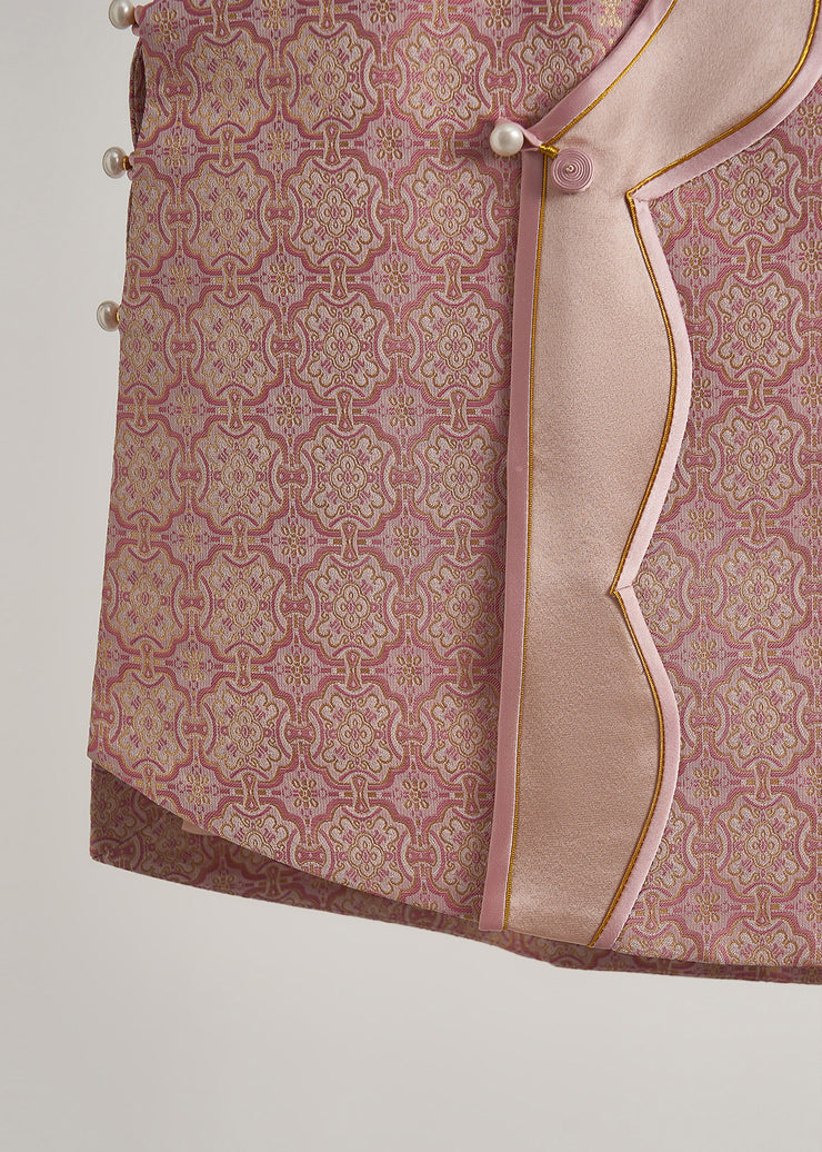 Women Pink Jacquard Patchwork Silk Oriental Vests Fall