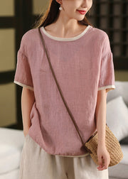 Women Pink O Neck Patchwork Linen T Shirts Summer