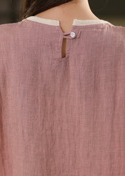 Women Pink O Neck Patchwork Linen T Shirts Summer