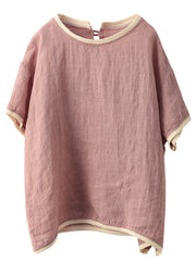 Women Pink O Neck Patchwork Linen T Shirts Summer
