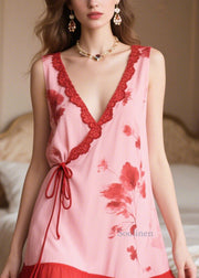 Women Pink Patchwork Tie Waist Chiffon Maxi Dresses Sleeveless