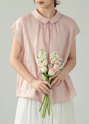 Women Pink Peter Pan Collar Button Solid Cotton Shirt Summer