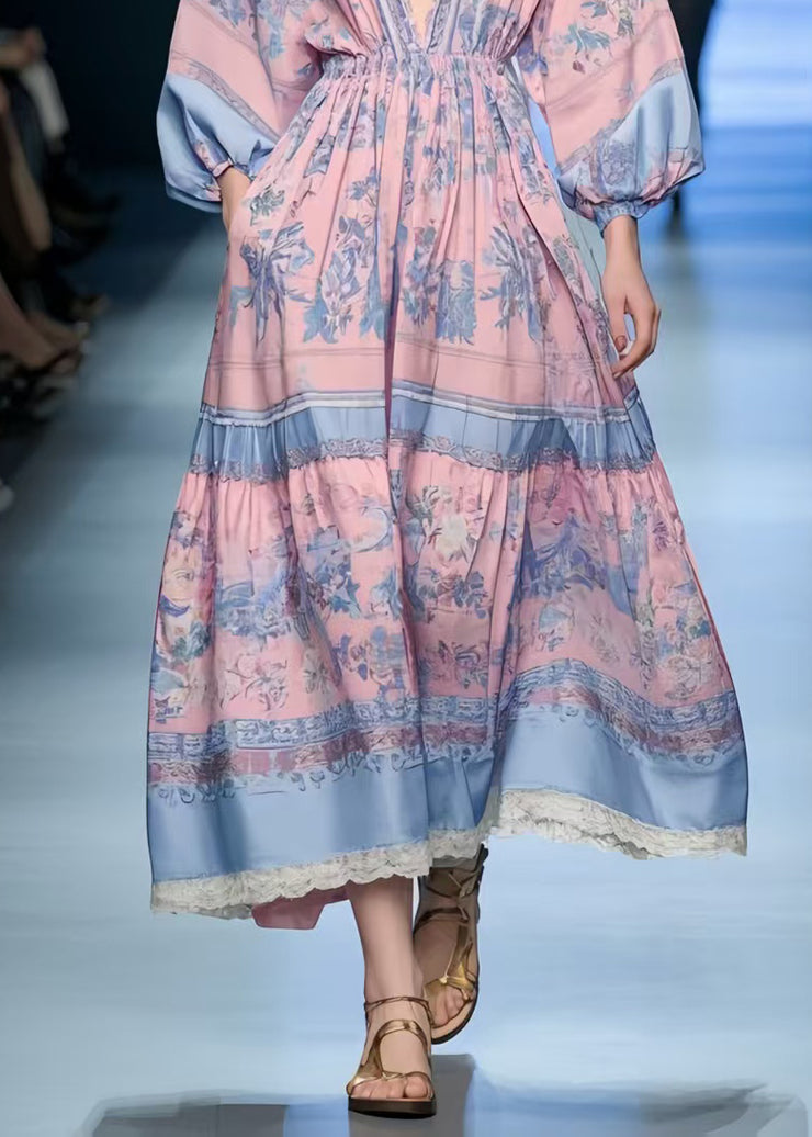 Women Pink Print Exra Large Hem Holiday Dress Spring