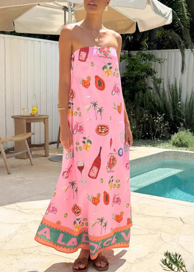 Women Pink Print Strapless Cotton Vacation Maxi Dress