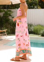 Women Pink Print Strapless Cotton Vacation Maxi Dress