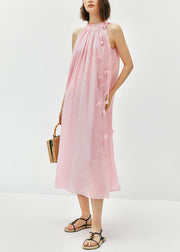 Women Pink Ruffled Floral Cotton Long Dress Sleeveless