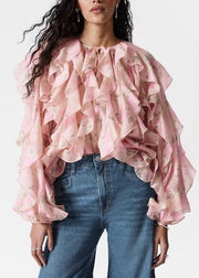 Women Pink Ruffled Patchwork Chiffon Shirt Tops Fall