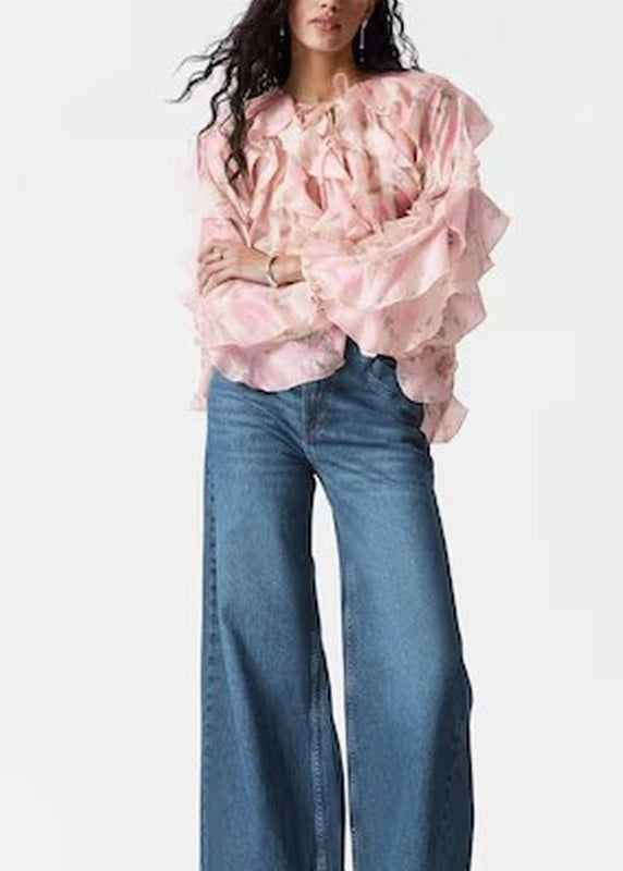 Women Pink Ruffled Patchwork Chiffon Shirt Tops Fall