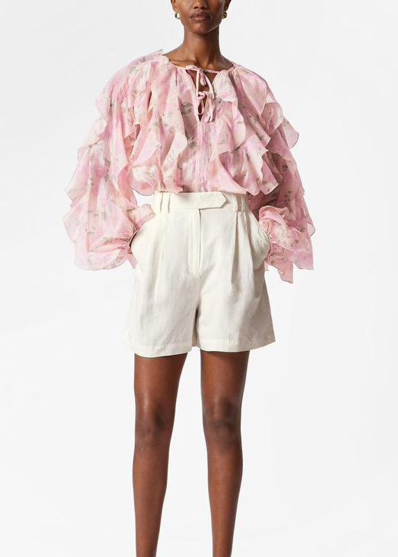 Women Pink Ruffled Patchwork Chiffon Shirt Tops Fall