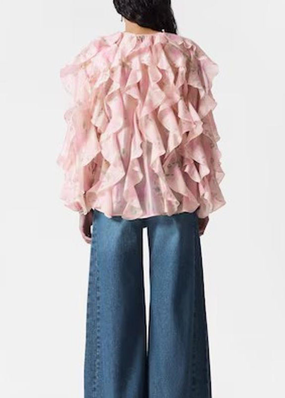 Women Pink Ruffled Patchwork Chiffon Shirt Tops Fall