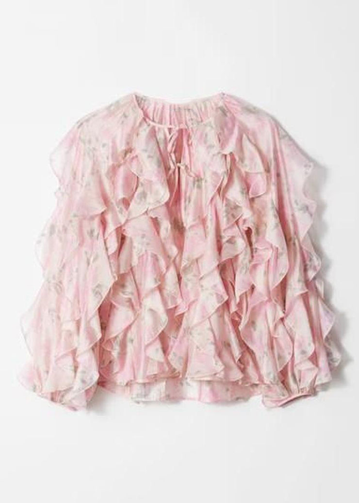 Women Pink Ruffled Patchwork Chiffon Shirt Tops Fall