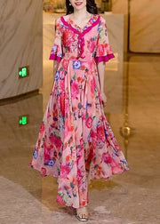 Women Pink Ruffled Print Chiffon Long Dress Summer
