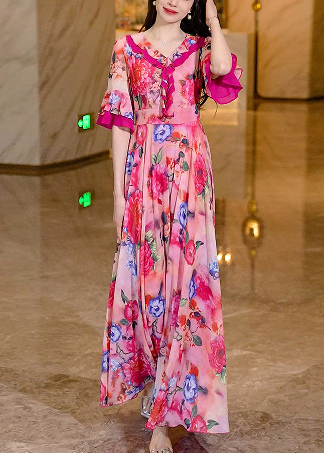 Women Pink Ruffled Print Chiffon Long Dress Summer