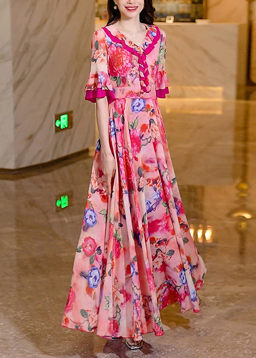 Women Pink Ruffled Print Chiffon Long Dress Summer