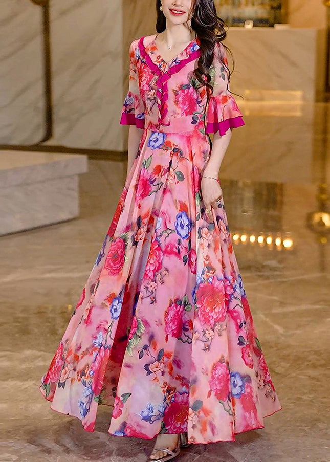 Women Pink Ruffled Print Chiffon Long Dress Summer