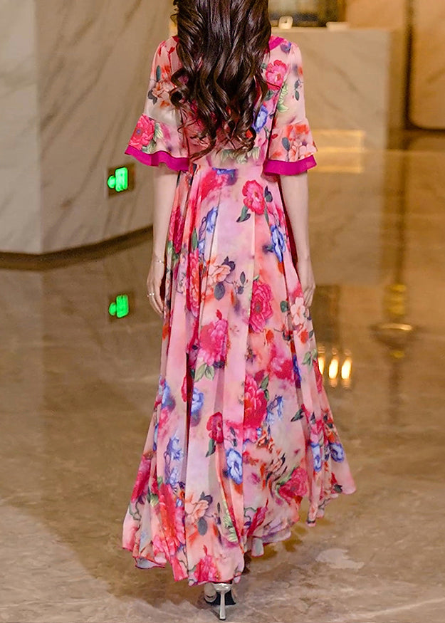 Women Pink Ruffled Print Chiffon Long Dress Summer