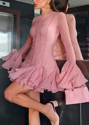 Women Pink Single Breast Mini Dress Flare Sleeve