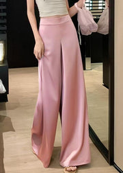 Women Pink Solid High Waist Silk Wide Leg Pants Summer