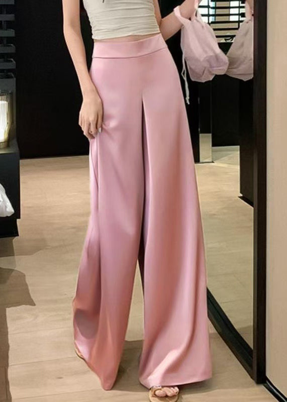 Women Pink Solid High Waist Silk Wide Leg Pants Summer