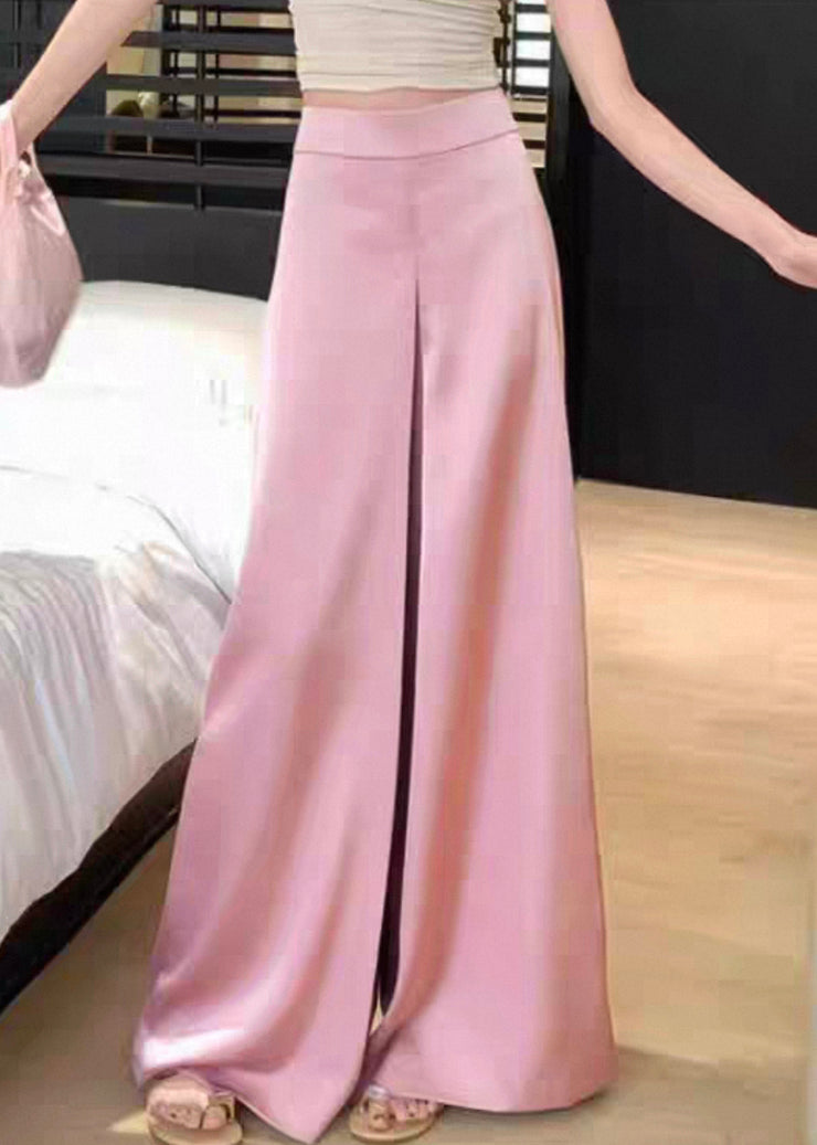 Women Pink Solid High Waist Silk Wide Leg Pants Summer