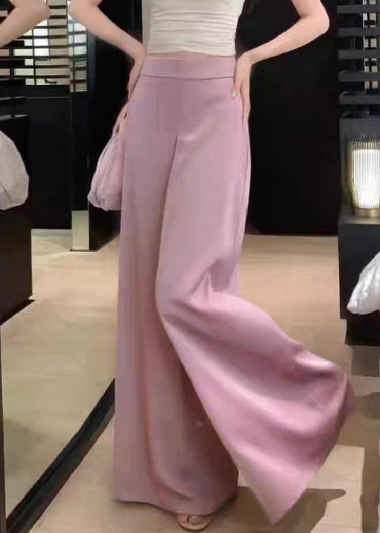 Women Pink Solid High Waist Silk Wide Leg Pants Summer