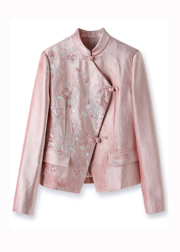 Women Pink Stand Collar Embroideried Sequins Patchwork Cotton Coat Fall