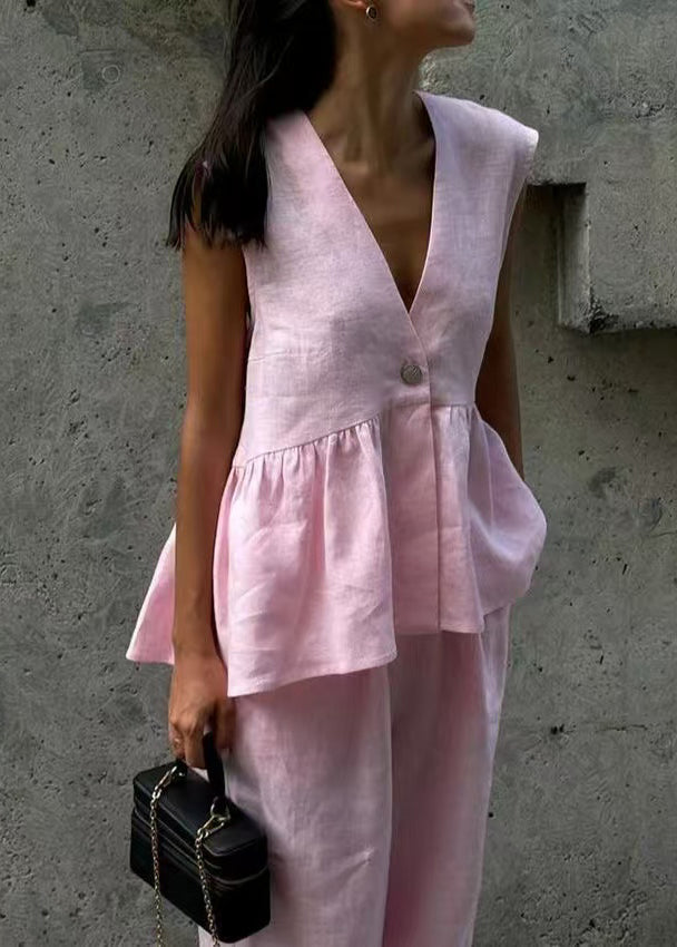 Women Pink V Neck Button Waistcoat And Pants Cotton Two Piece Set Sleeveless