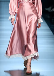 Women Pink V Neck Patchwork Lace Holiday Dress Spring
