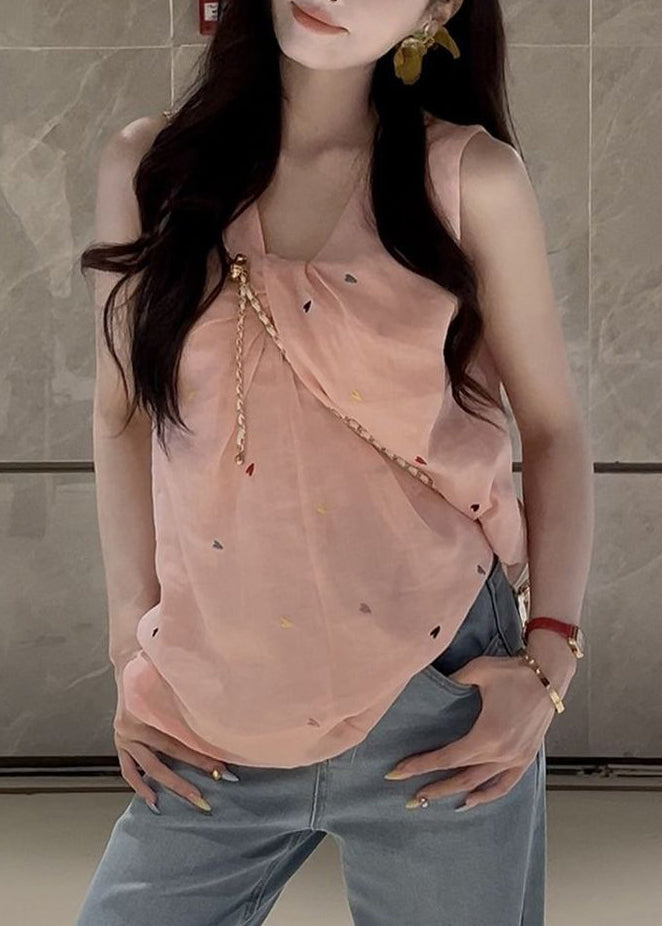 Women Pink V Neck Print Cotton Shirt Sleeveless