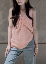 Women Pink V Neck Print Cotton Shirt Sleeveless