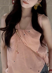 Women Pink V Neck Print Cotton Shirt Sleeveless