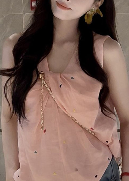 Women Pink V Neck Print Cotton Shirt Sleeveless