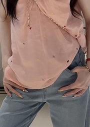 Women Pink V Neck Print Cotton Shirt Sleeveless