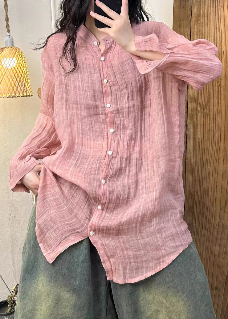 Women Pink Wrinkled Button Solid Linen Shirt Spring
