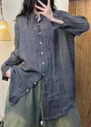 Women Pink Wrinkled Button Solid Linen Shirt Spring