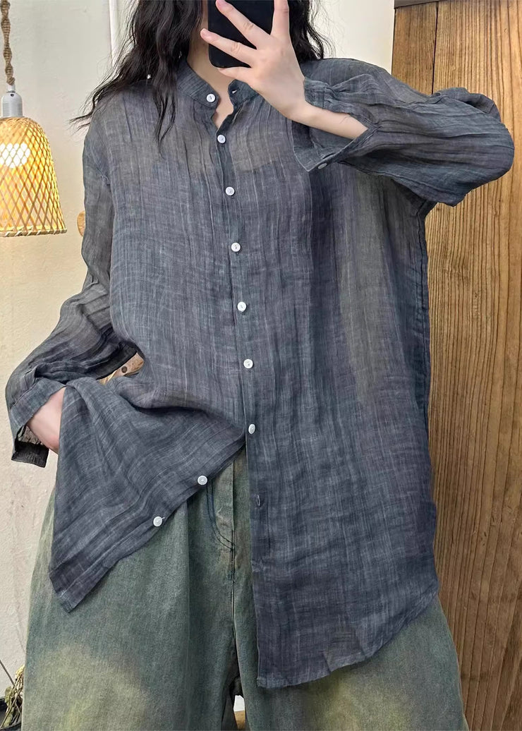 Women Pink Wrinkled Button Solid Linen Shirt Spring