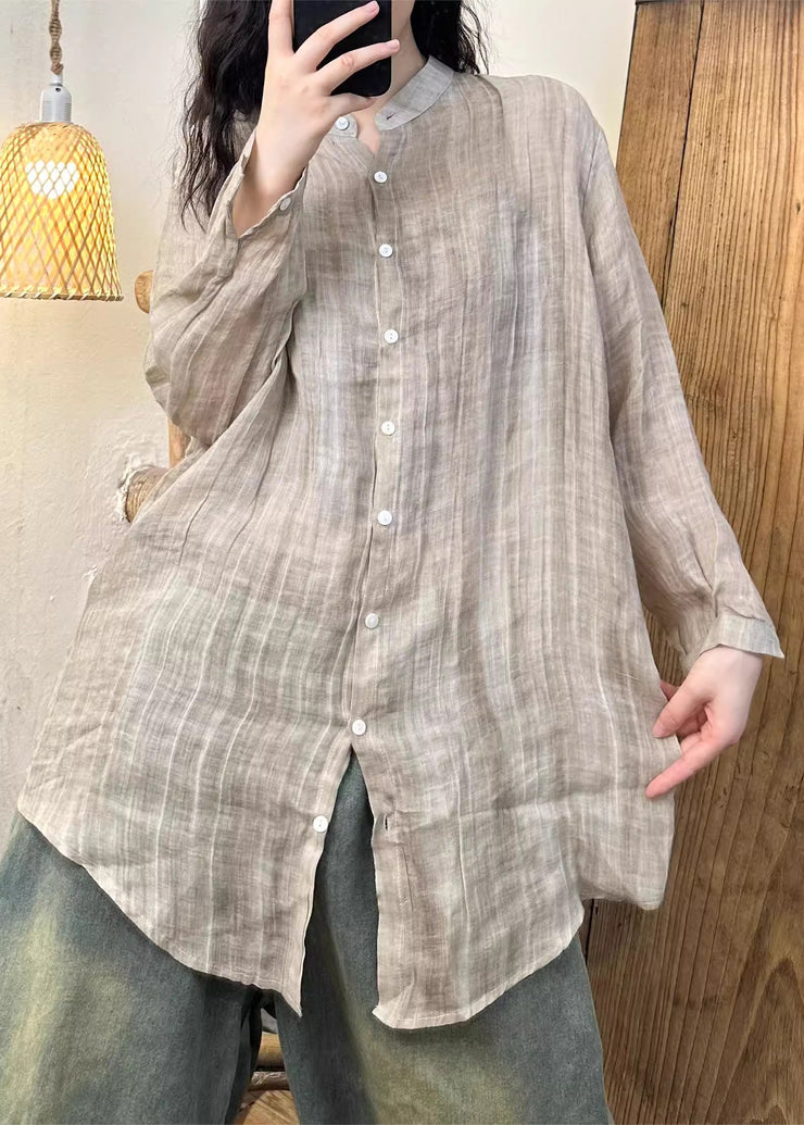 Women Pink Wrinkled Button Solid Linen Shirt Spring