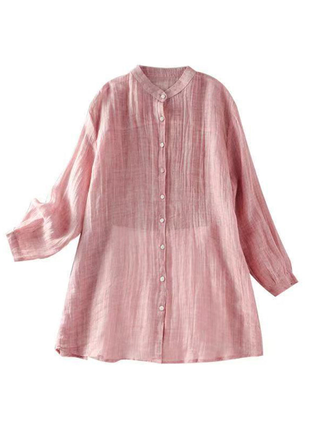 Women Pink Wrinkled Button Solid Linen Shirt Spring