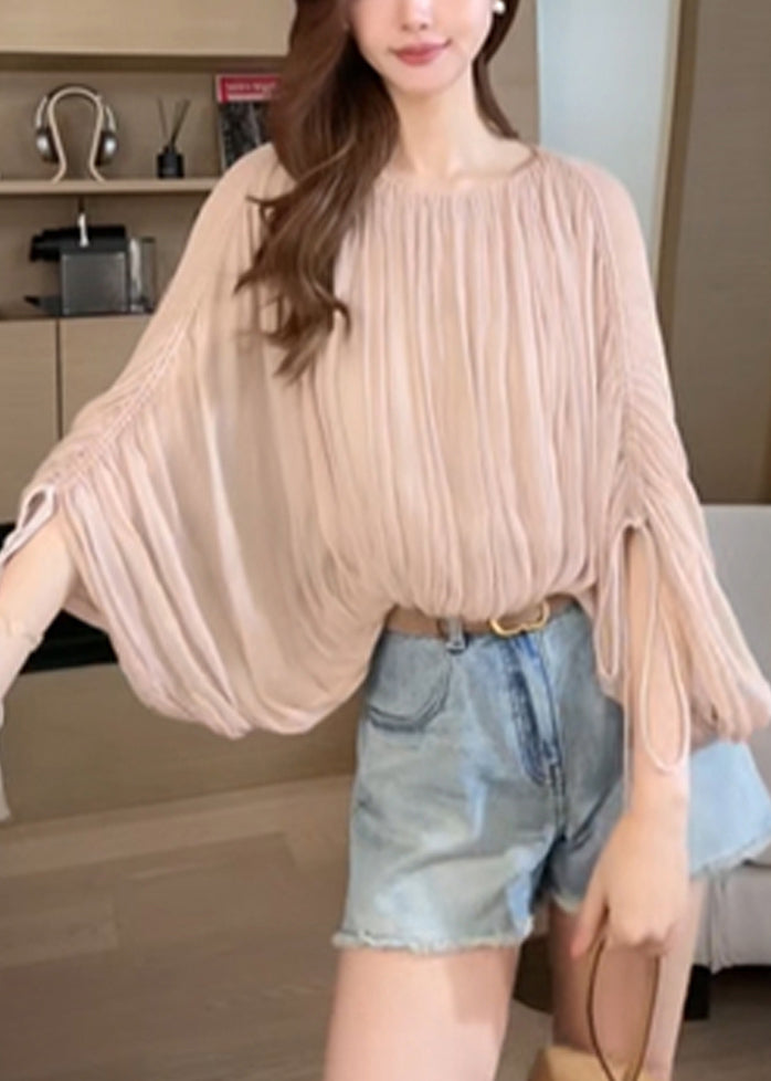 Women Pink Wrinkled Lace Up Shirts Batwing Sleeve