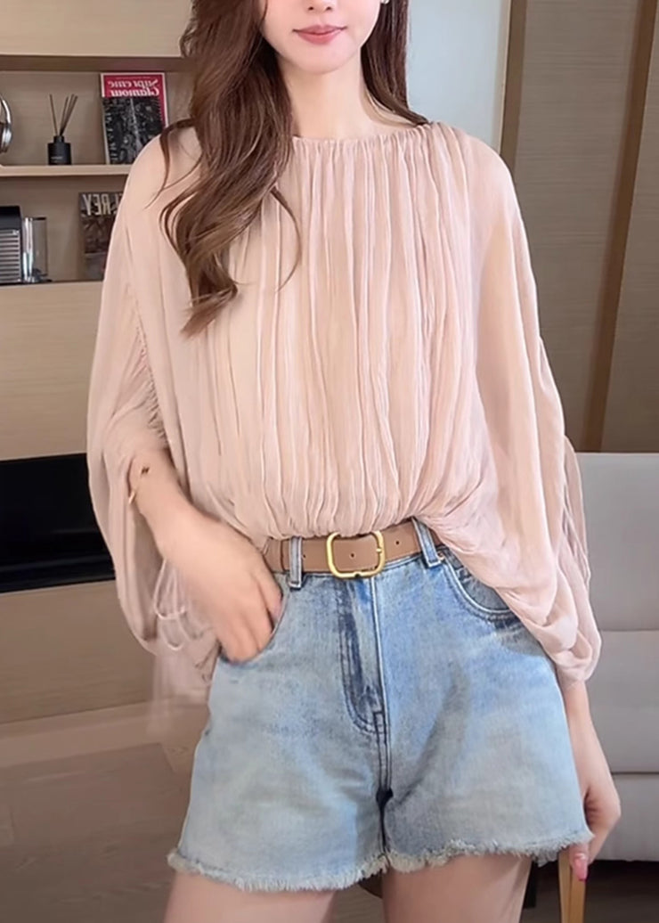 Women Pink Wrinkled Lace Up Shirts Batwing Sleeve