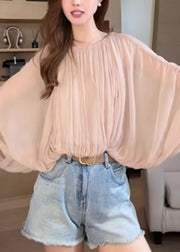 Women Pink Wrinkled Lace Up Shirts Batwing Sleeve