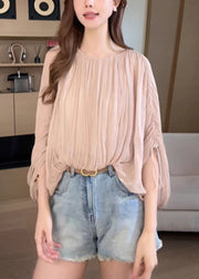 Women Pink Wrinkled Lace Up Shirts Batwing Sleeve