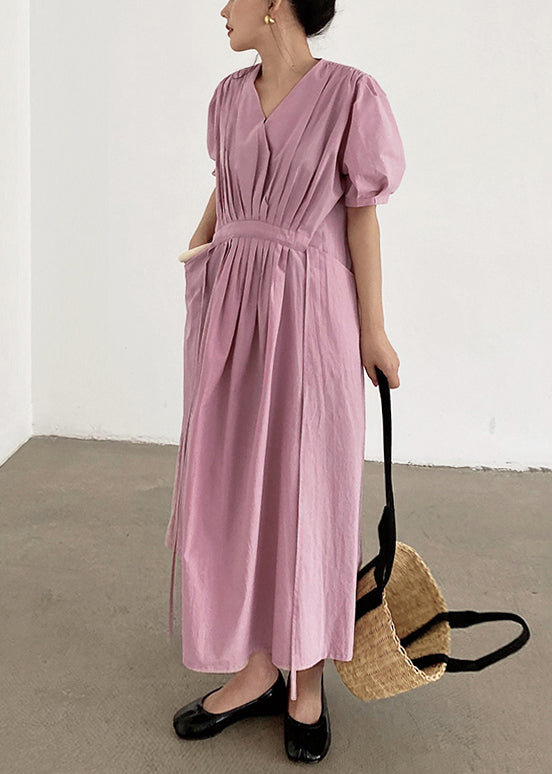 Women Pink Wrinkled Pockets Tie Waist Cotton Long Dresses Summer