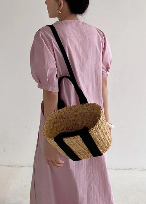 Women Pink Wrinkled Pockets Tie Waist Cotton Long Dresses Summer