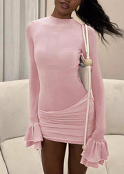 Women Pink Wrinkled Solid Cotton Mini Dresses Flare Sleeve