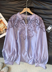 Women Purple Embroidered Hollow Out Silk Shirt Tops Fall