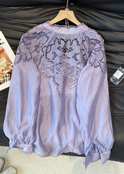 Women Purple Embroidered Hollow Out Silk Shirt Tops Fall