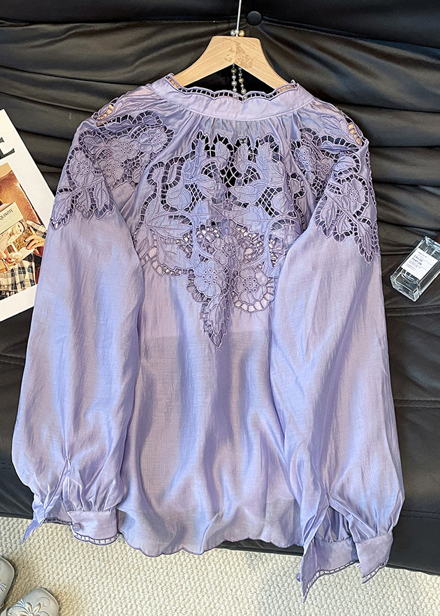 Women Purple Embroidered Hollow Out Silk Shirt Tops Fall